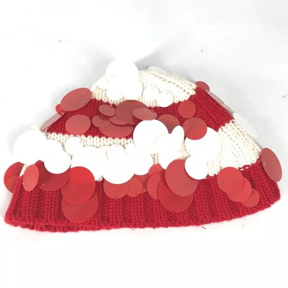 PRADA Sequin Knit hat Cashmere Red/White Unused - Picture 2 of 16